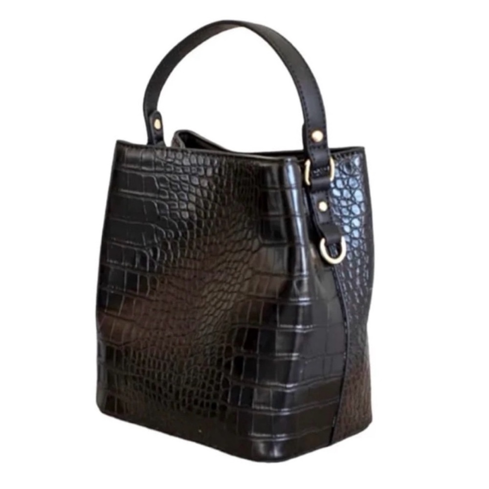 AOTA Elena Vegan Croc-Embossed Leather Crossbody Strap Bucket Bag Black … - Picture 3 of 5